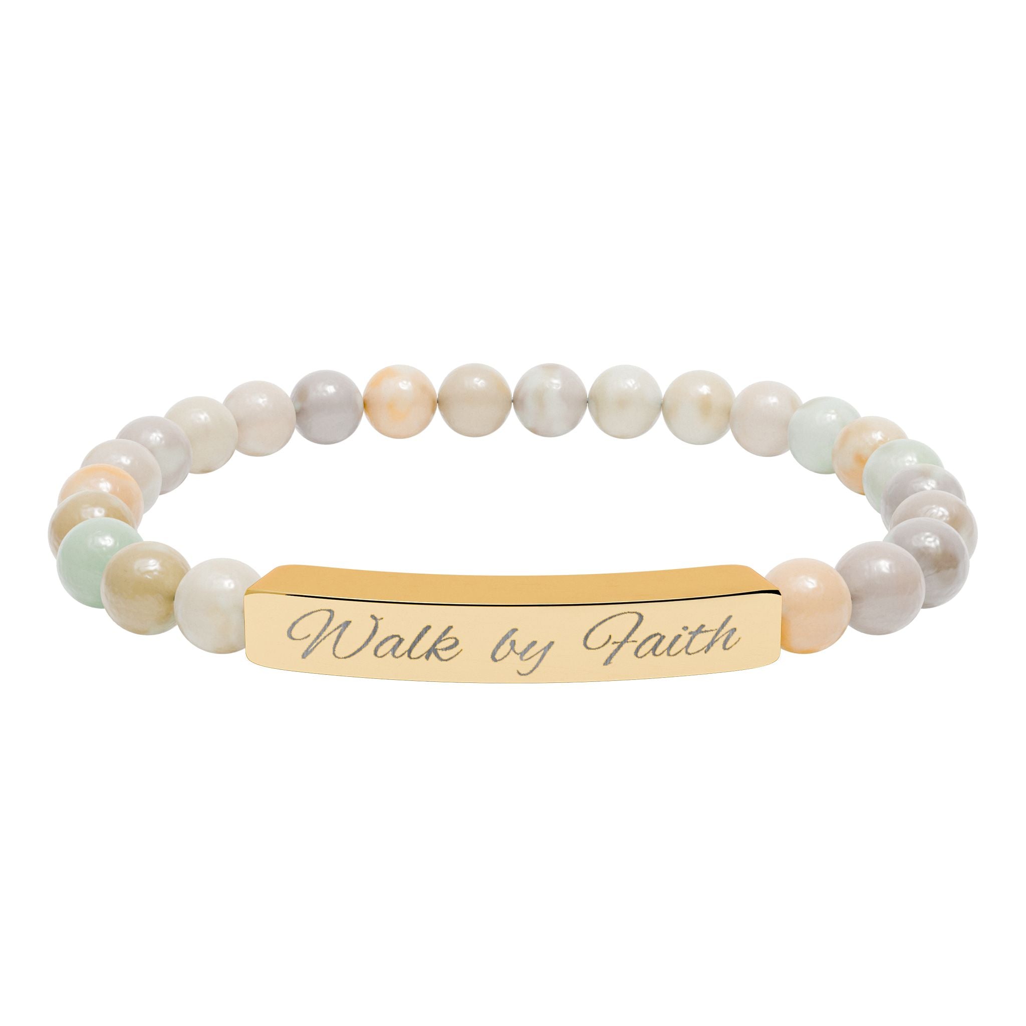 Natural Stone Stretch Bar Bracelet - "Walk by Faith" (Engraving)